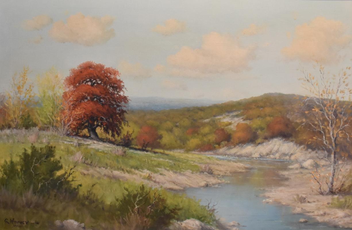 G. Harvey Landscape Painting - "Red Oak"  Texas Hill Country River Scene.