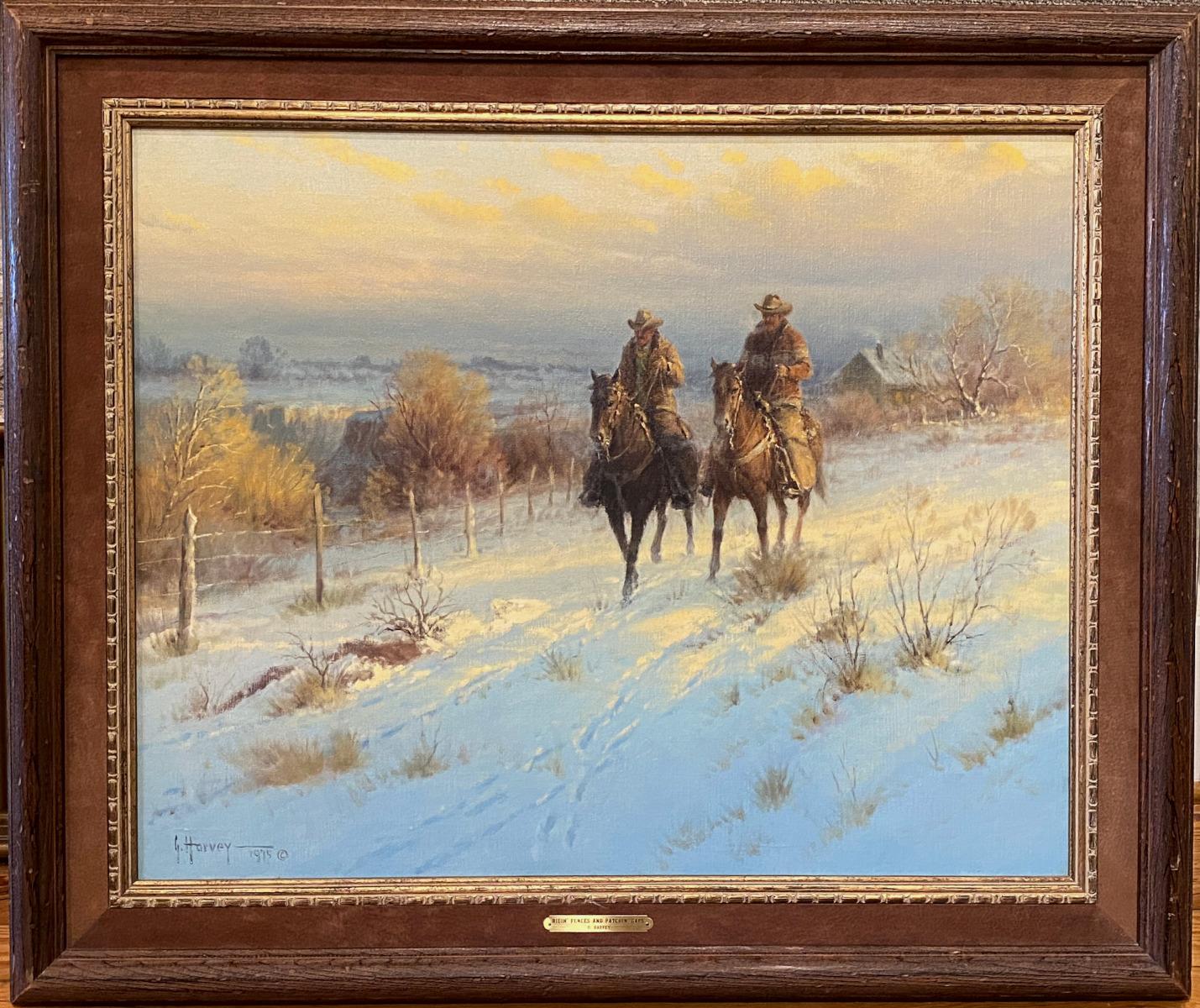 G. Harvey Animal Painting - "RIDING FENCES AND PATCHING GAPS"  WESTERN SNOW SCENE WITH COWBOYS & LIGHT