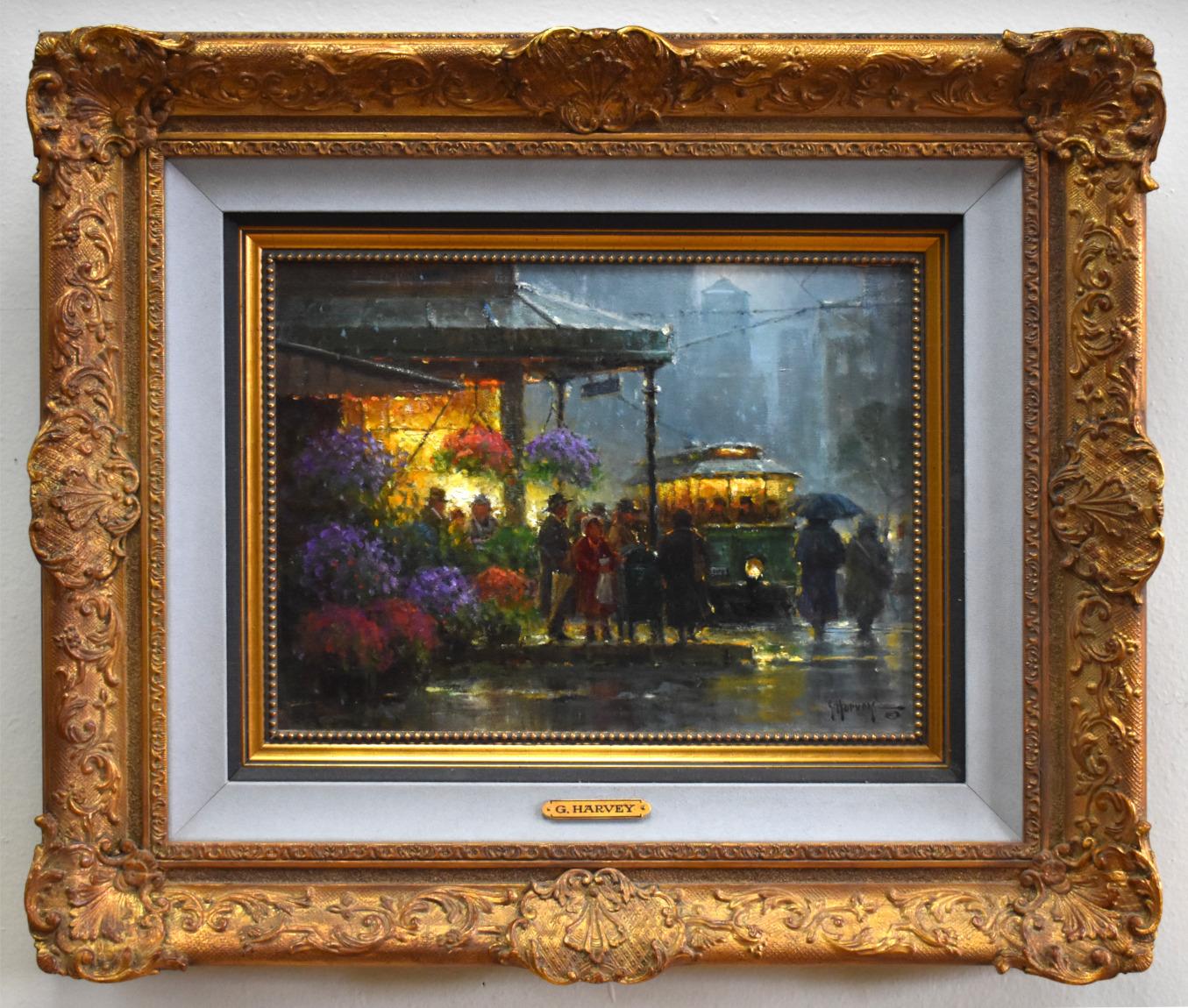 G. Harvey Landscape Painting - "Showers At The Market" Cityscape Flower Seller