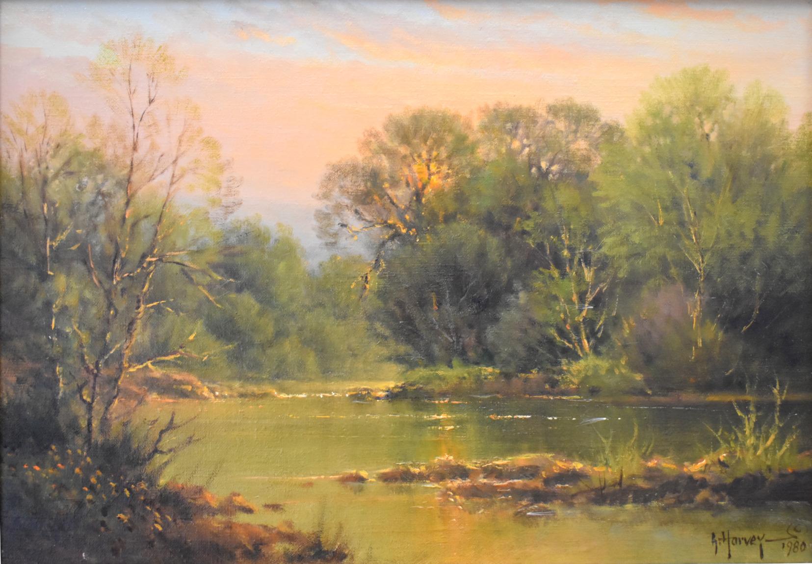 G. Harvey Landscape Painting - "Spring Evening" San Gabriel River, North of Austin Texas