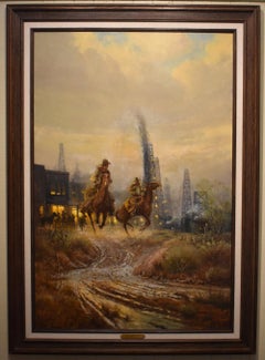 "THE BLOWOUT" G. HARVEY FROM BOONE PICKENS WOOD OIL DERRICKS 71 X 51 FRAMED