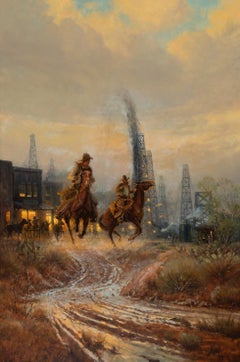 "THE BLOW OUT" G. HARVEY TEXAS WOODEN OIL DERRICK SCENE LARGE  71 X 51 FRAMED