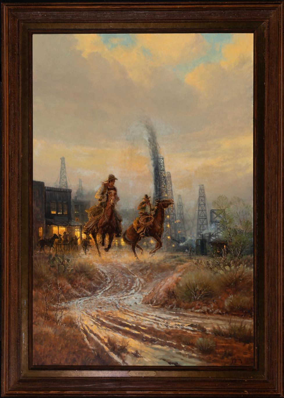 "THE BLOW OUT" G. HARVEY TEXAS WOODEN OIL DERRICK SCENE LARGE  71 X 51 FRAMED