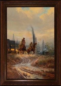 "THE BLOW OUT" G. HARVEY TEXAS WOODEN OIL DERRICK SCENE LARGE  71 X 51 FRAMED