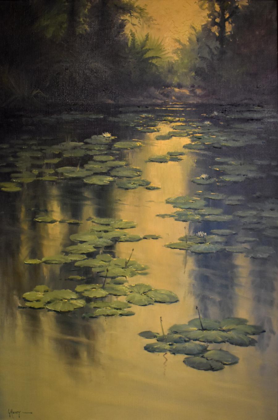 « THE LILY PADS »  G. HARVEY LANDSCAPE 1980 TEXAS ARTIST SERENE GREENE & GREENE GREENE  - Painting de G. Harvey