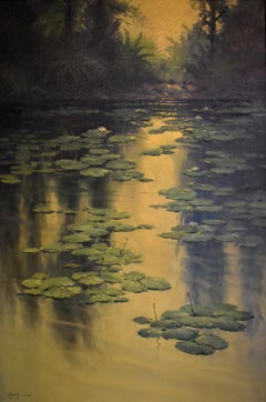 "THE LILY PADS"  G. HARVEY LANDSCAPE 1980 TEXAS ARTIST SERENE GREENS & YELLOWS