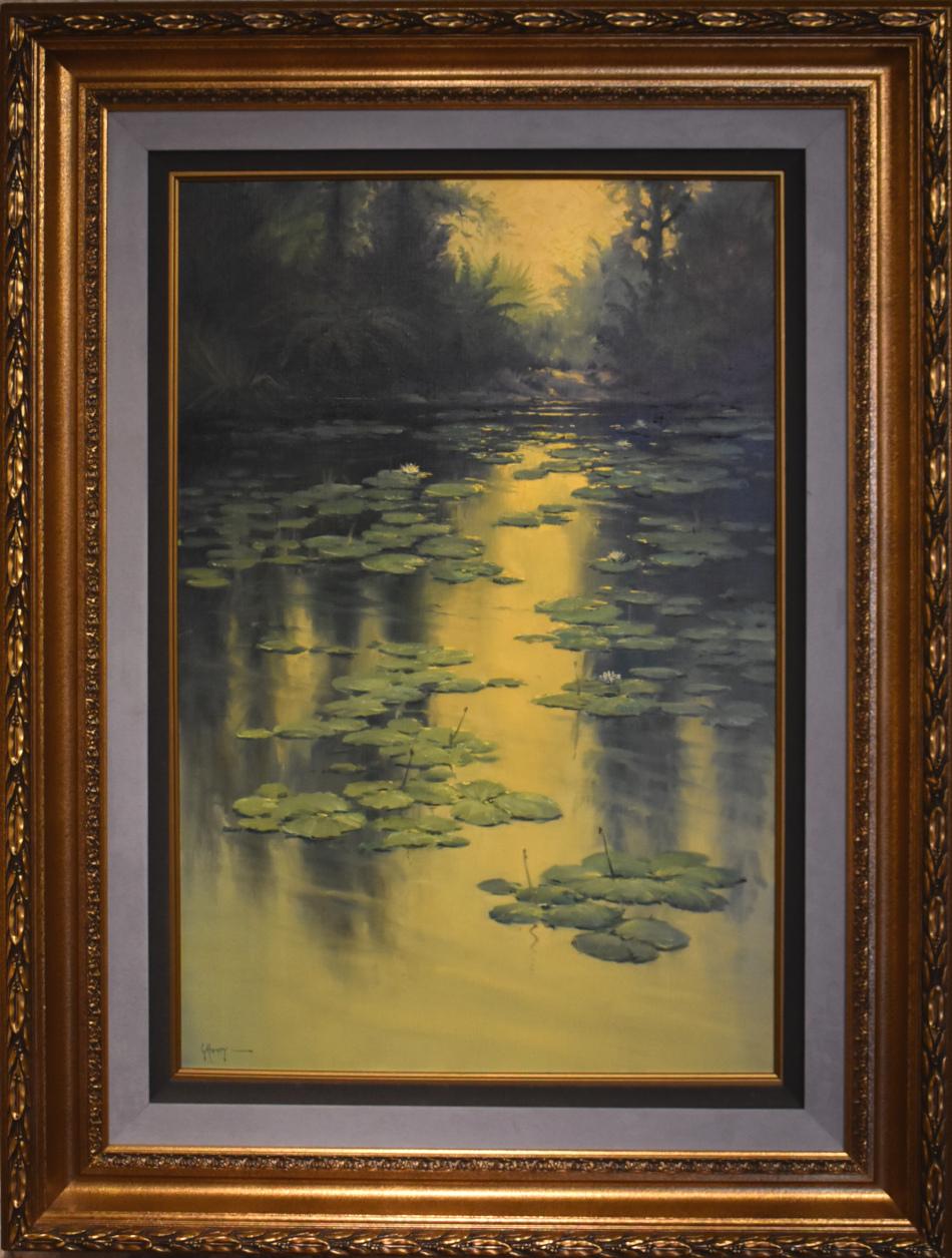 G. Harvey Landscape Painting - "THE LILY PADS"  G. HARVEY LANDSCAPE 1980 TEXAS ARTIST SERENE GREENS & YELLOWS 