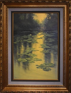 "THE LILY PADS"  G. HARVEY LANDSCAPE 1980 TEXAS ARTIST SERENE GREENS & YELLOWS 