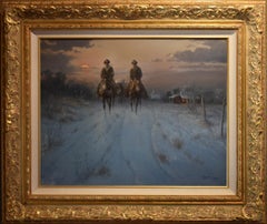 "THINKING OF HOME" TEXAS WESTERN LANDSCAPE COWBOYS HORSES SNOW