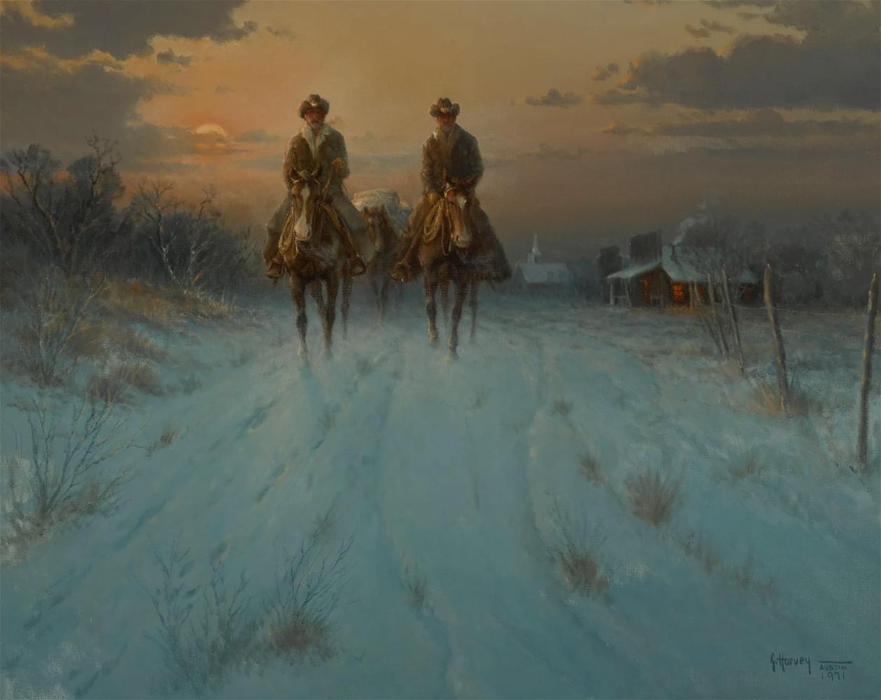 G. Harvey Landscape Painting - "THINKING OF HOME" TEXAS WESTERN LANDSCAPE COWBOYS HORSES SNOW