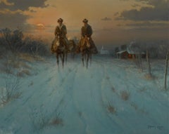 "THINKING OF HOME" TEXAS WESTERN LANDSCAPE COWBOYS HORSES SNOW