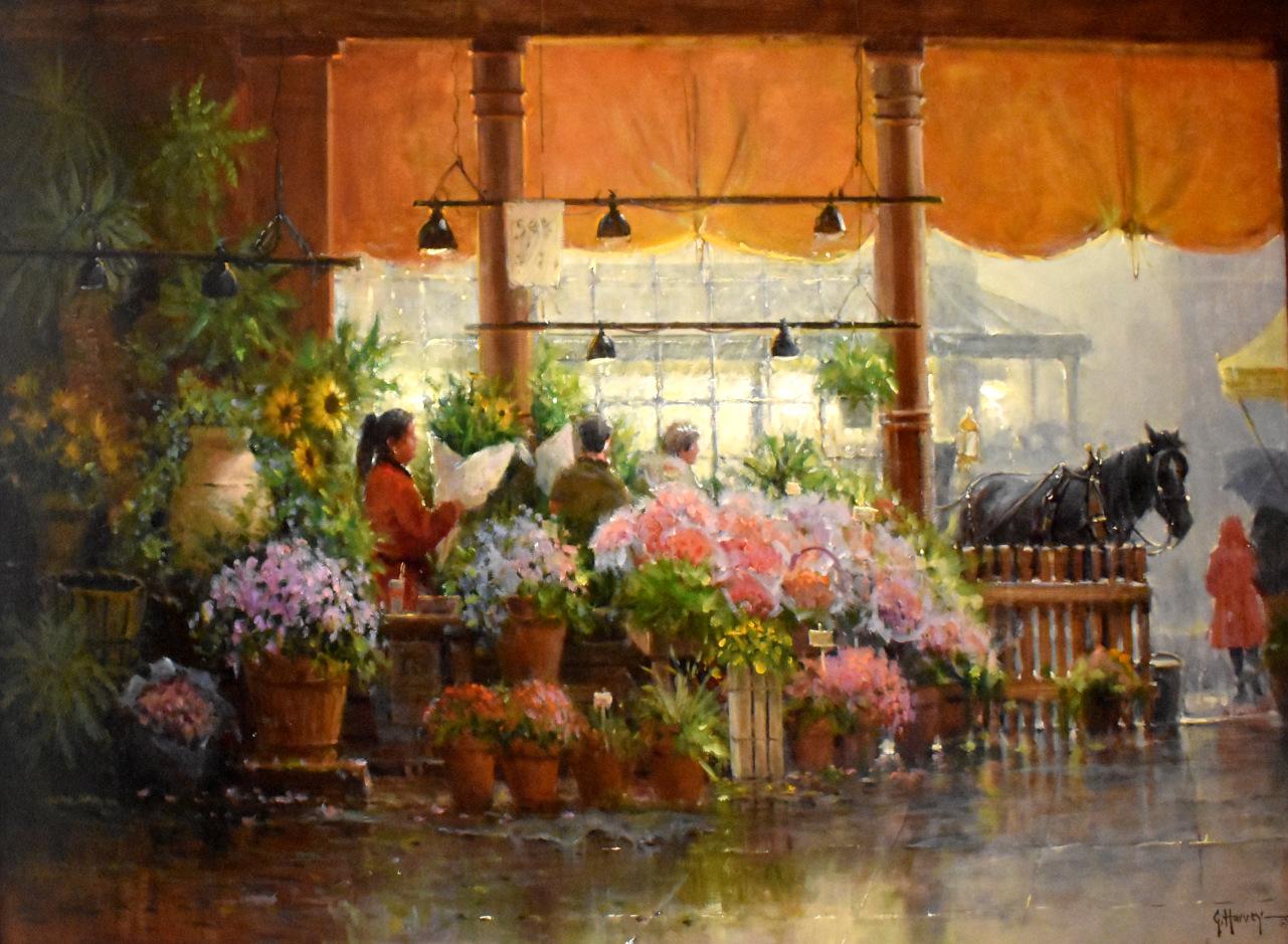 « COMME PLACE PUBLIC MARKET » FRAMÉÉ 34 X 46 CITY STREET SCENE G. HARVEY - Painting de G. Harvey