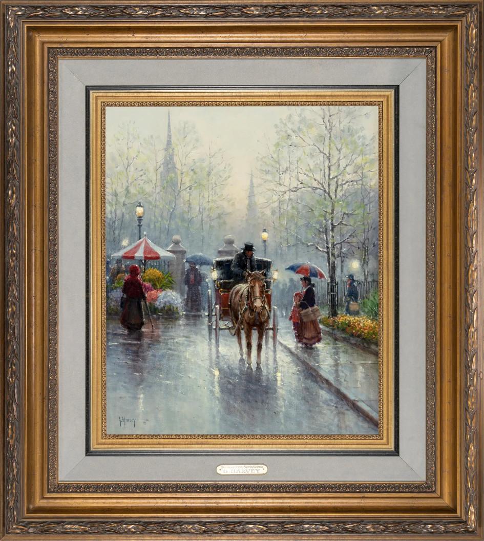 G. Harvey Landscape Painting - "TOUCHES OF SPRING" BOSTON COMMONS FRAMED 39 X 35 CITY STREET SCENE FLOWER VENDR