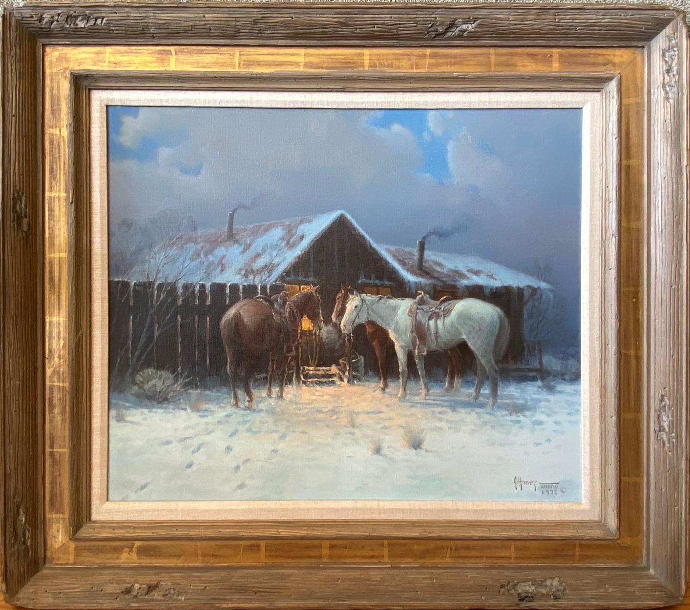 G. Harvey Landscape Painting - "WHEN NEIGHBORS COME CALLING"  WESTERN NOCTUNAL SNOW SCENE CABIN HORSES LIGHT