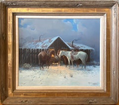 "WHEN NEIGHBORS COME CALLING"  WESTERN NOCTUNAL SNOW SCENE CABIN HORSES LIGHT