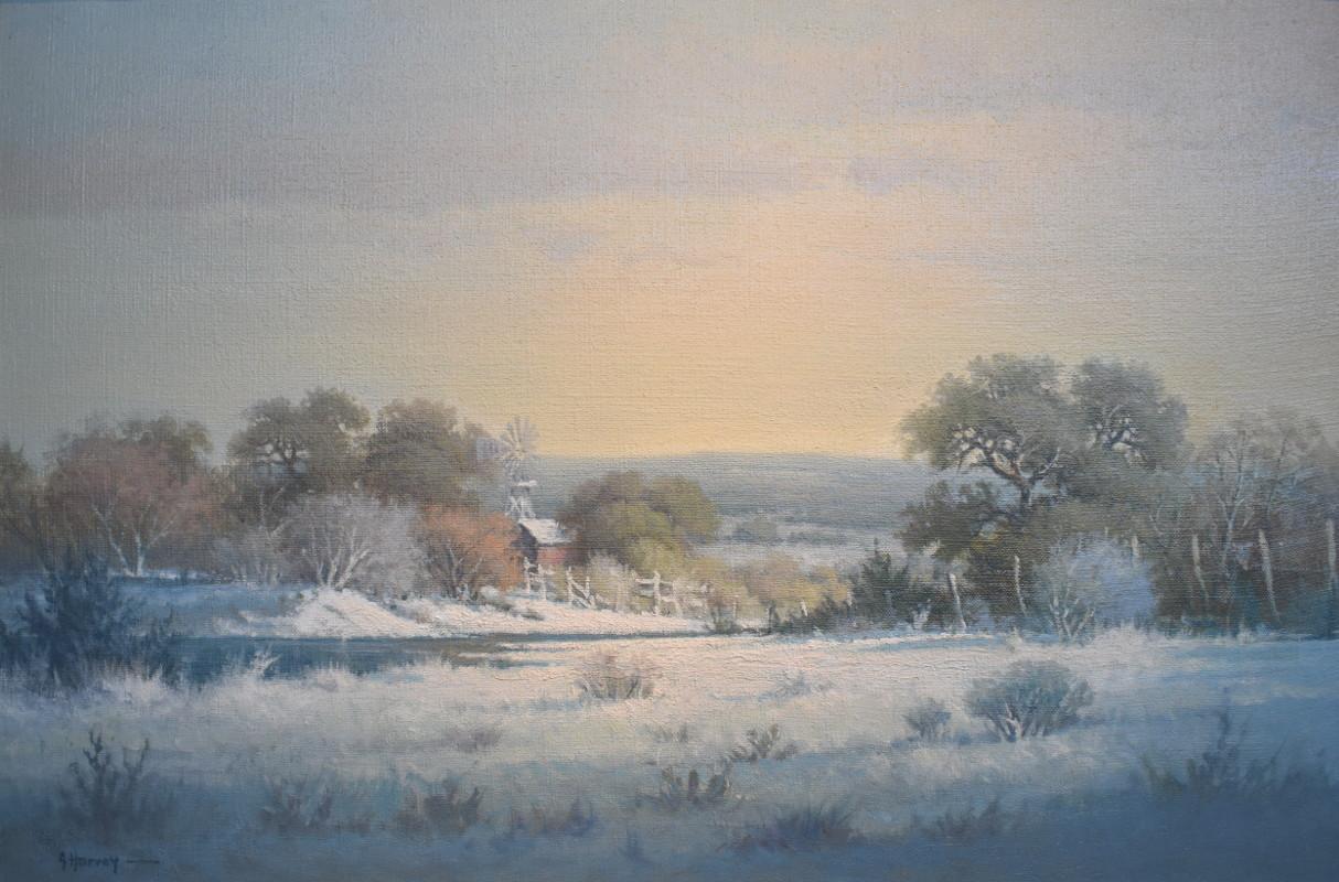 G. Harvey Landscape Painting - "WINTERS GIFT TO CHILDREN"  TEXAS RANCH SNOW SCENE