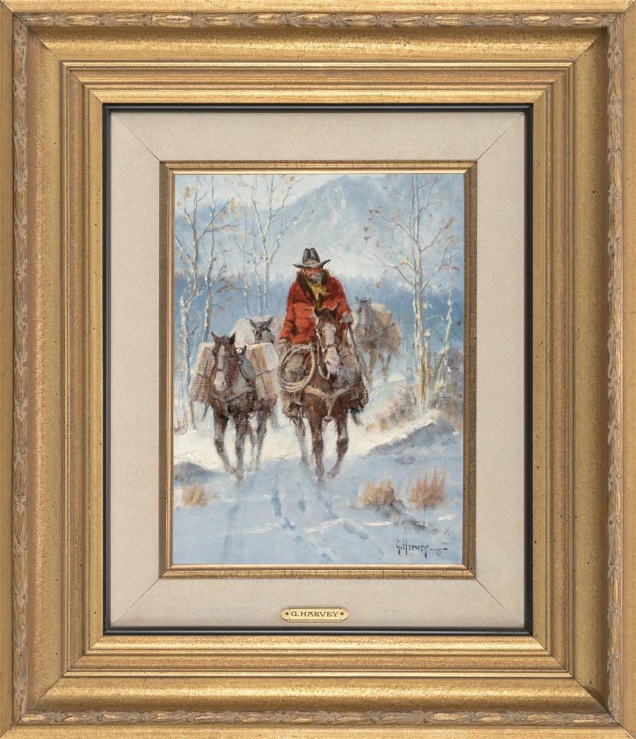 G. Harvey Figurative Painting - "WISHING FOR SPRING" G. HARVEY WESTERN SNOW SCENE. FRAMED 22 X 19