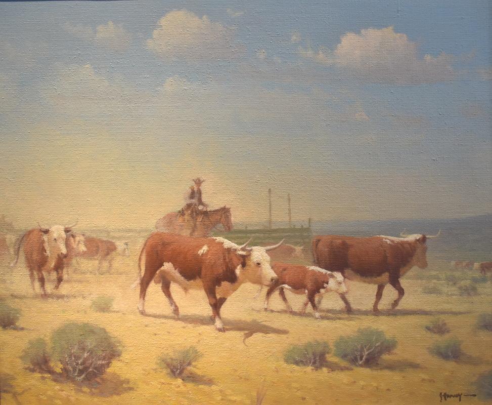 G. Harvey Animal Painting - "Working Calves"  Cowboys Horses Horned Hereford Cattle Ranch
