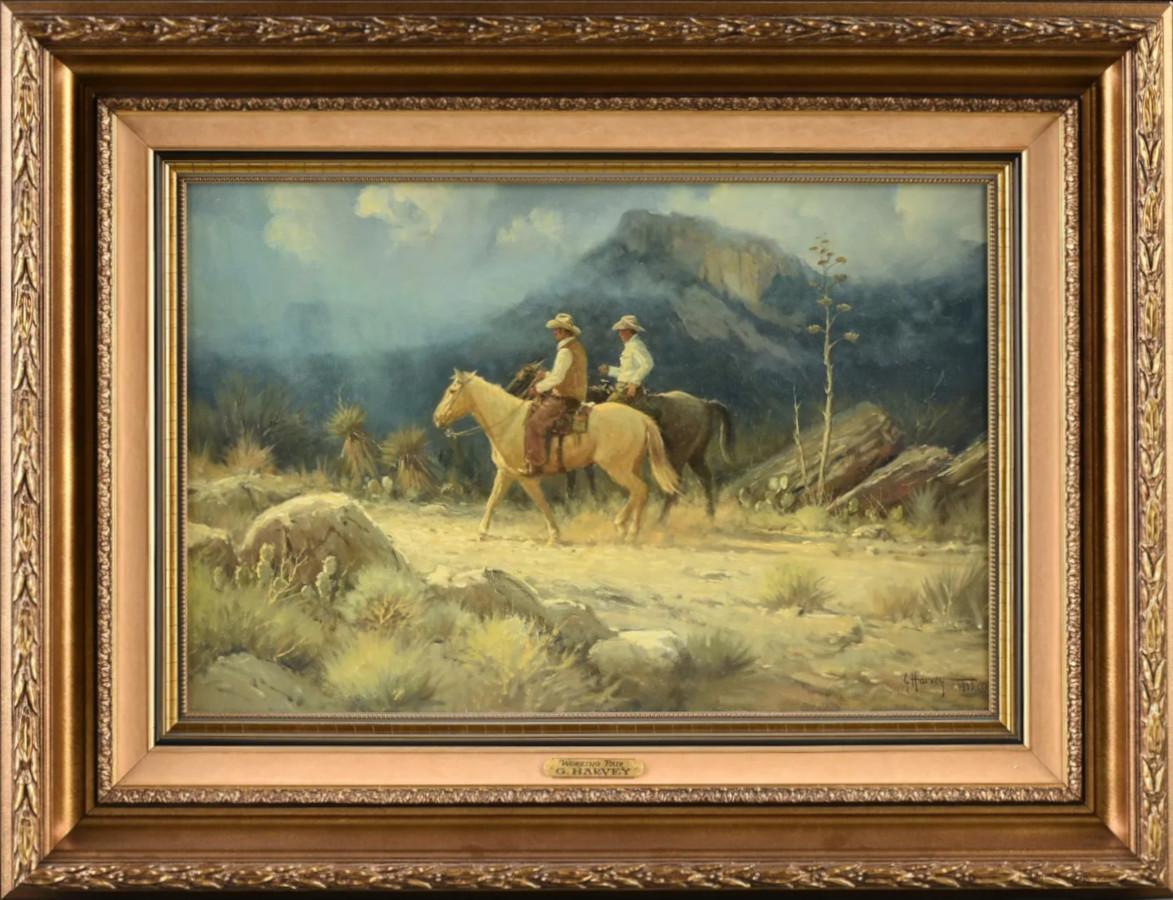 Landscape Painting G. Harvey - "PAIR DE TRAVAIL"  G. HARVEY WESTERN SCENE FRAMÉE TAILLE 33 X 43