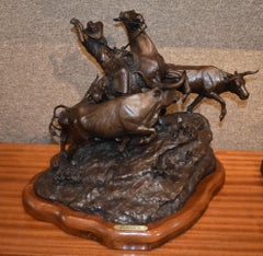 "THE TRAIL DRIVER" SCULTURA WESTERN DI G. HARVEY CON COWBOY E MUCCHE A CORNA LUNGHE IN FUGGA - WESTERN