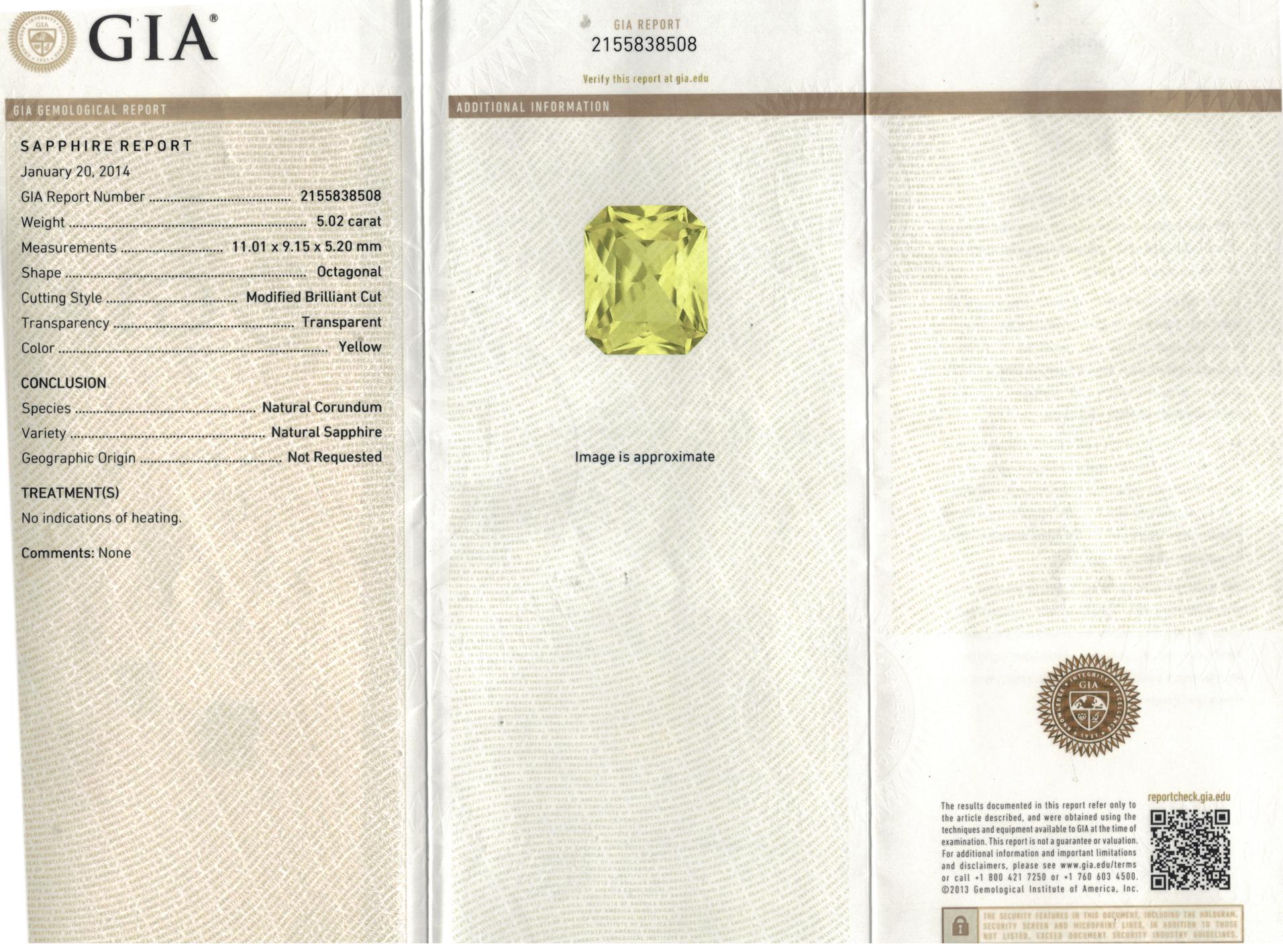 GIA-zertifizierter Ring mit natürlichem 5 Karat gelbem Saphir und Diamant im Zustand „Hervorragend“ in Bethesda, MD