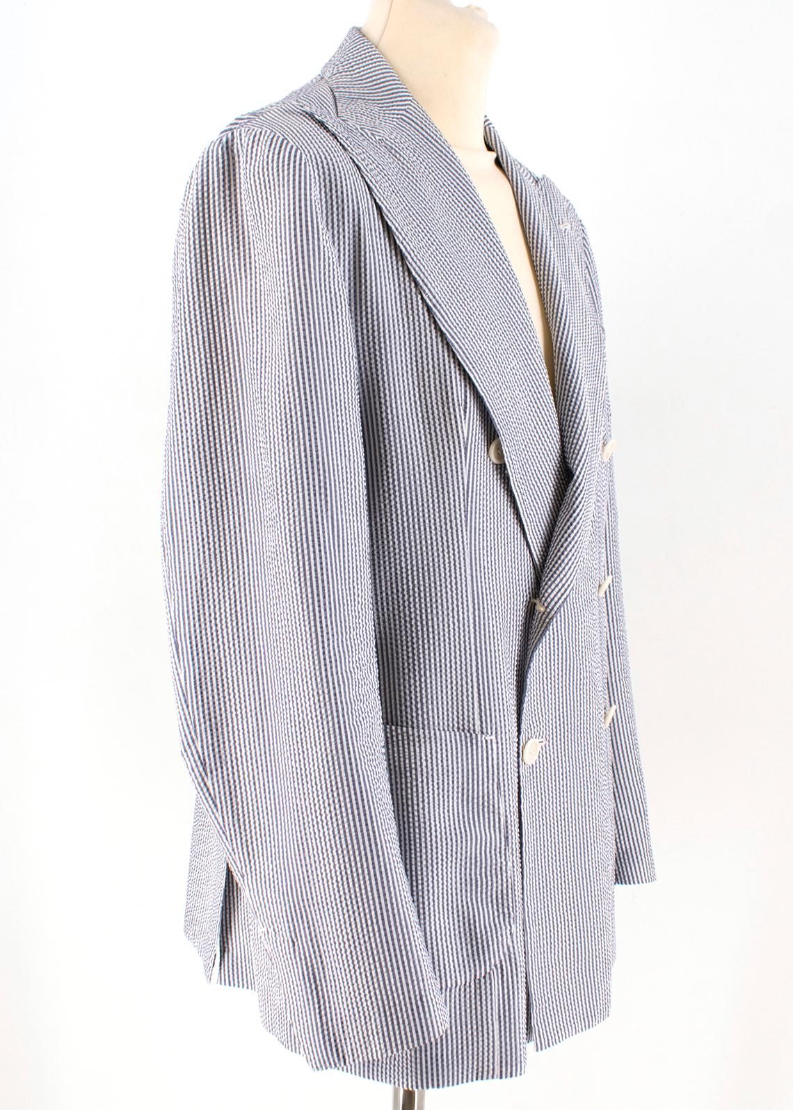 G. Inglese Blue Striped Blazer Shirt

- Blue and White Striped Blazer 
- Point lapel, double breasted 
- Seersucker cotton fabric
- Dual slip pocket at front, slit pocket at lining 
- Lightweight

Approx 
Measurements are taken laying flat, seam to