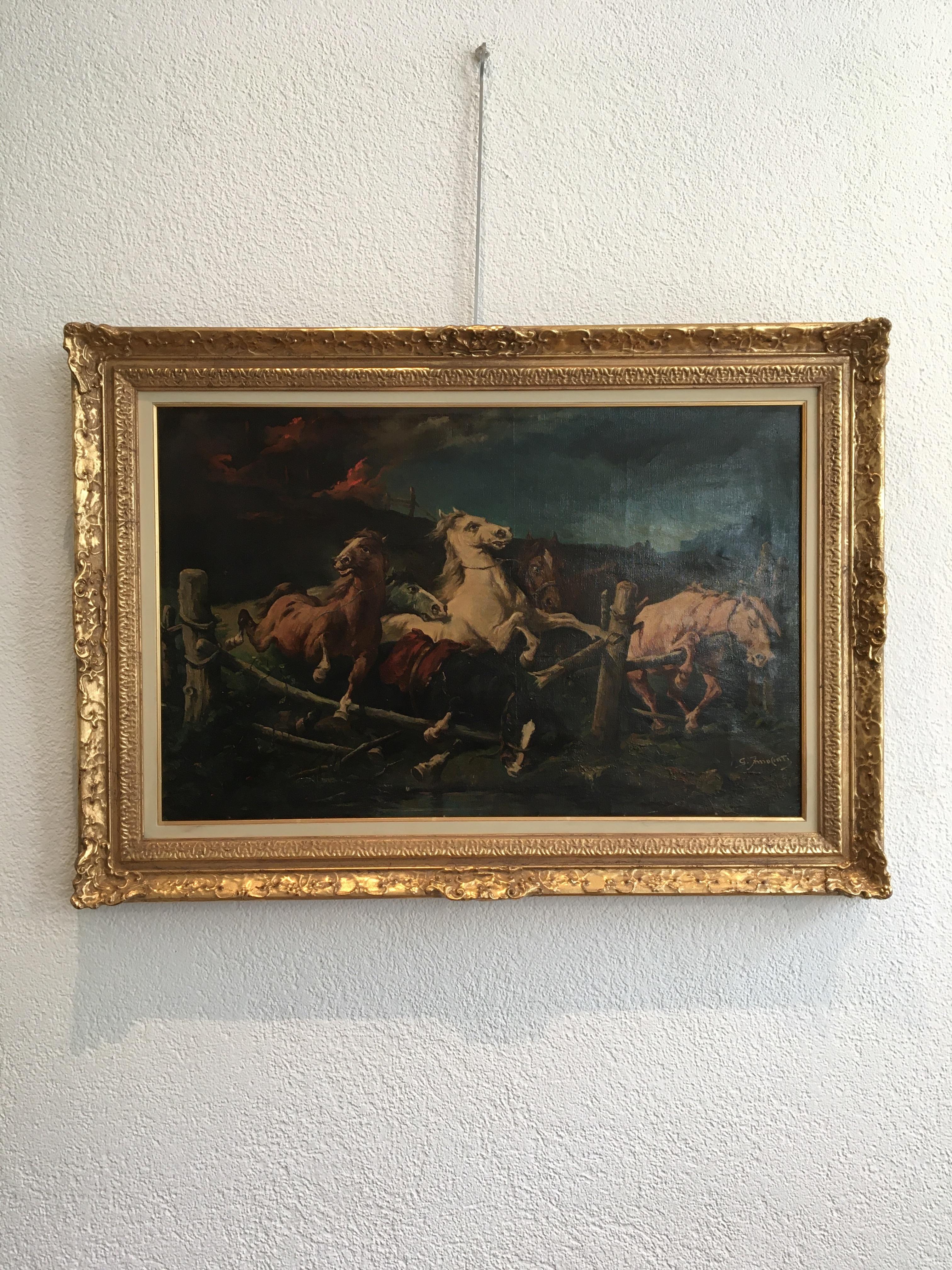 Horses panicked by fire - Painting by G. Innocente