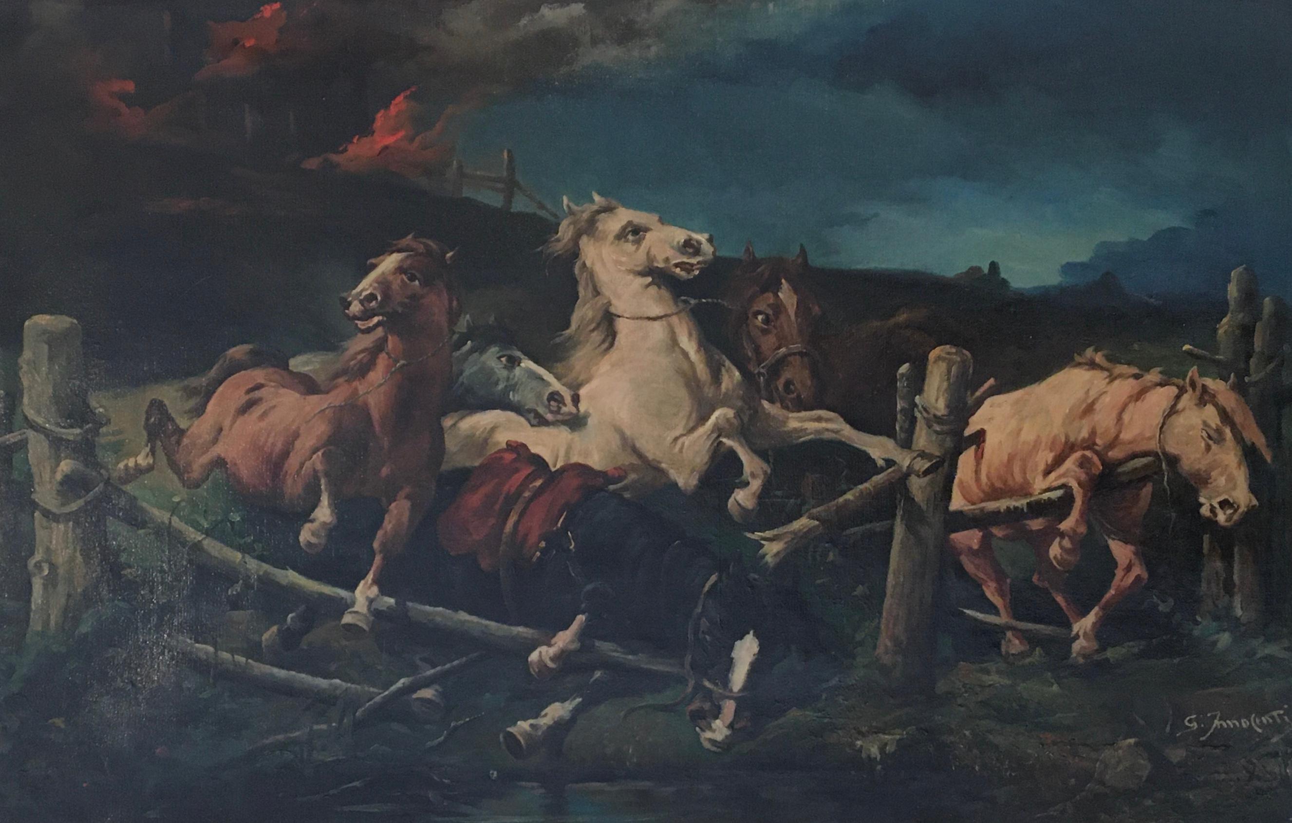 G. Innocente Landscape Painting - Horses panicked by fire