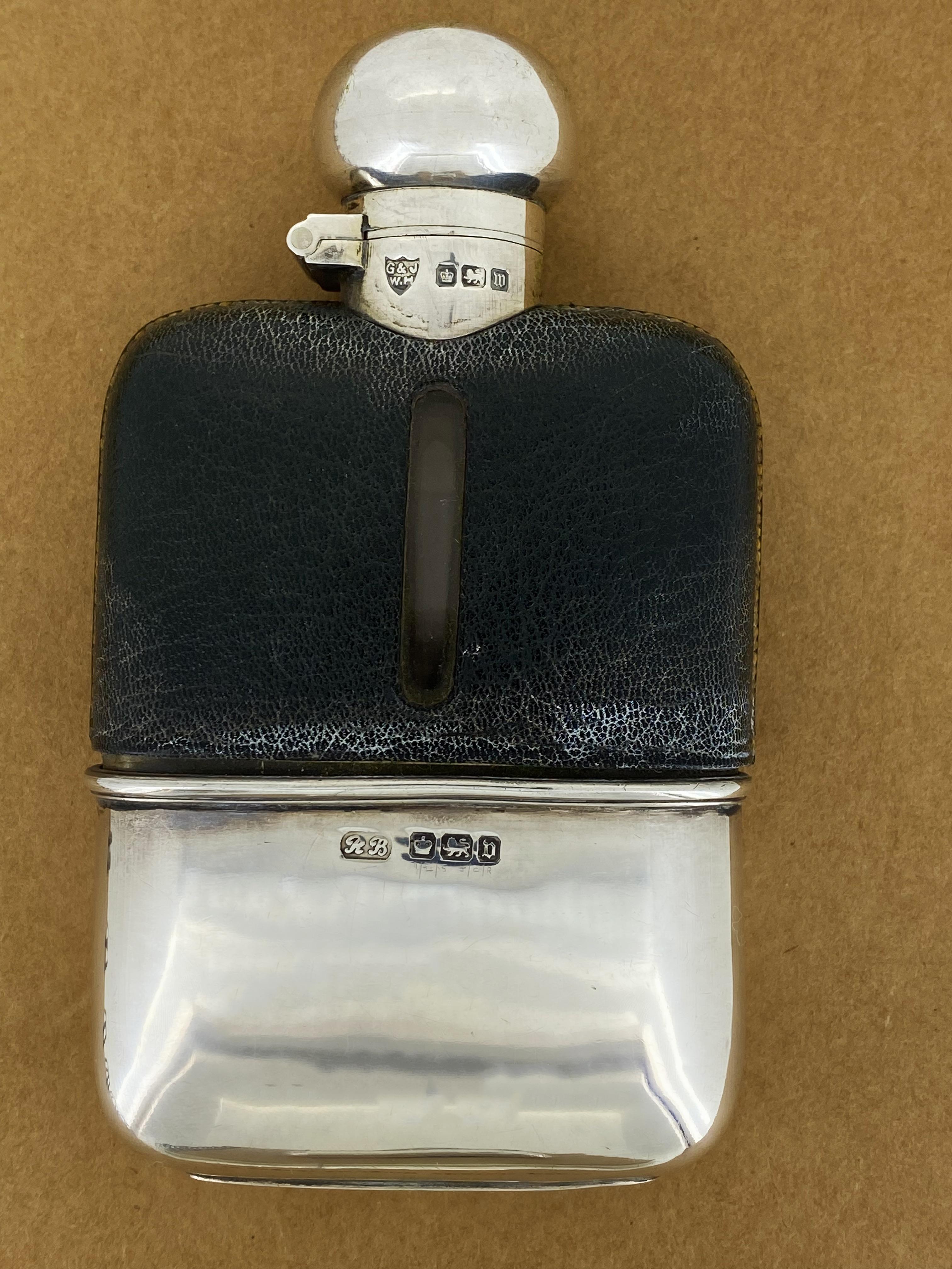 Edwardian G & J W. Hawksley English 925 Sterling Silver & Leather Hip Flask, Antique c1904 For Sale
