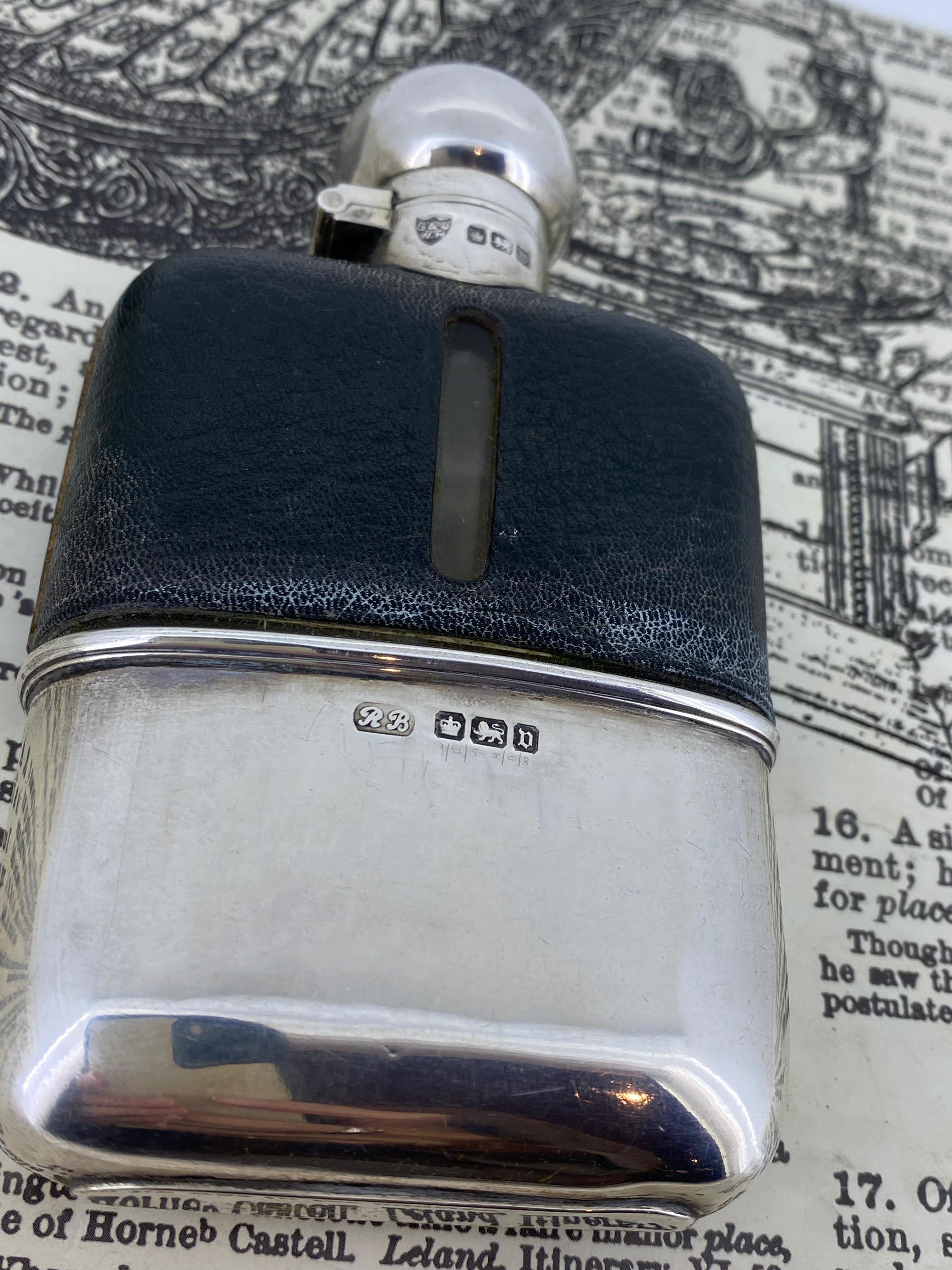 G & J W. Hawksley English 925 Sterling Silver & Leather Hip Flask, Antique c1904 For Sale 1