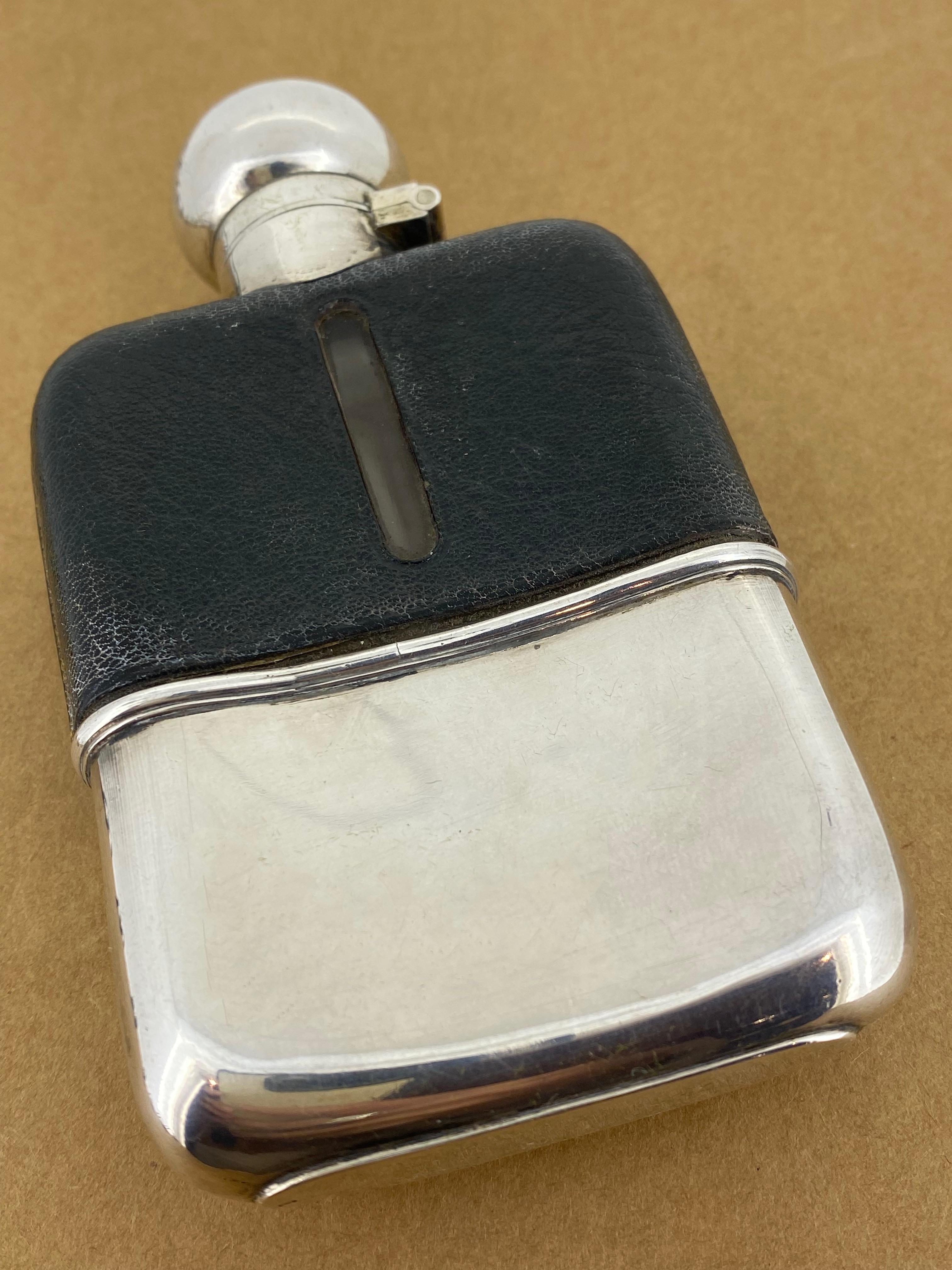 G & J W. Hawksley English 925 Sterling Silver & Leather Hip Flask, Antique c1904 For Sale 2