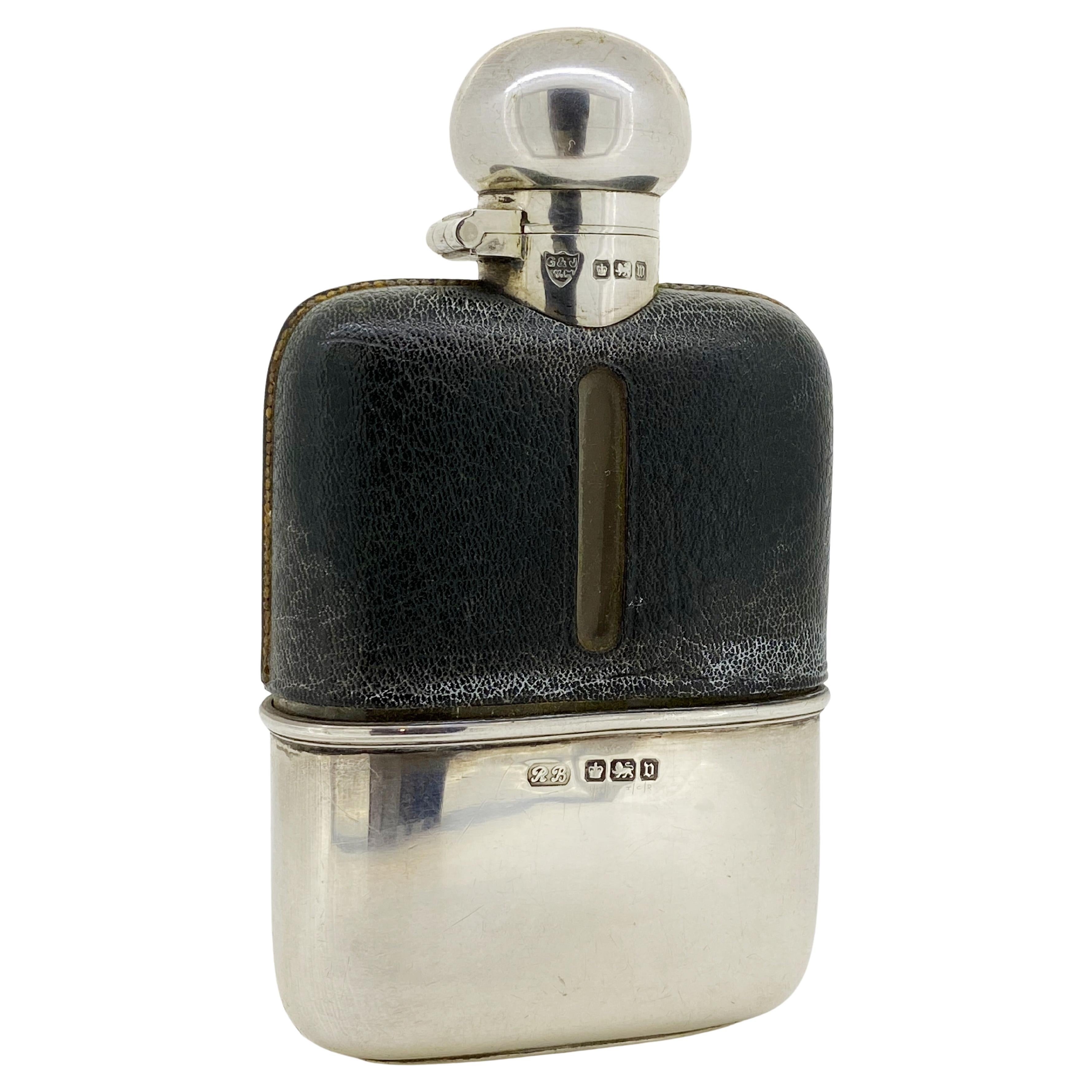 G & J W. Hawksley English 925 Sterling Silver & Leather Hip Flask, Antique c1904 For Sale