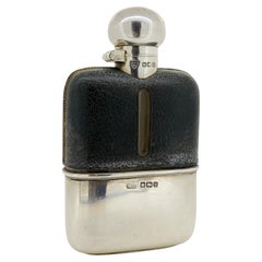 G & J W. Hawksley English 925 Sterling Silver & Leather Hip Flask, Antique c1904