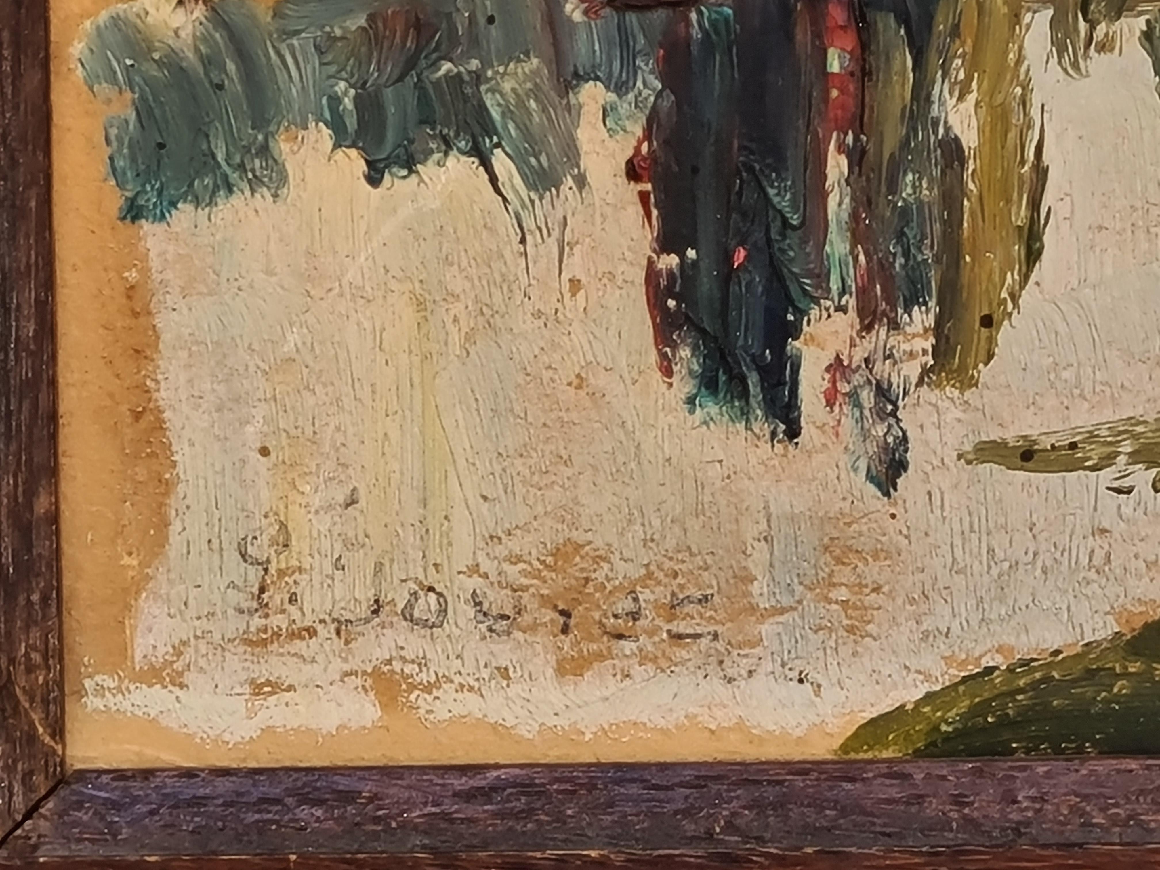 Frühes 20. Jahrhundert Französisch Barbizon Schule eines Sees und Hütte von G Jouyet. Das Gemälde ist unten links signiert, und auf der Rückseite der Tafel befinden sich eine Geburtstagsinschrift, eine Signatur und ein Titel. Präsentiert in einem