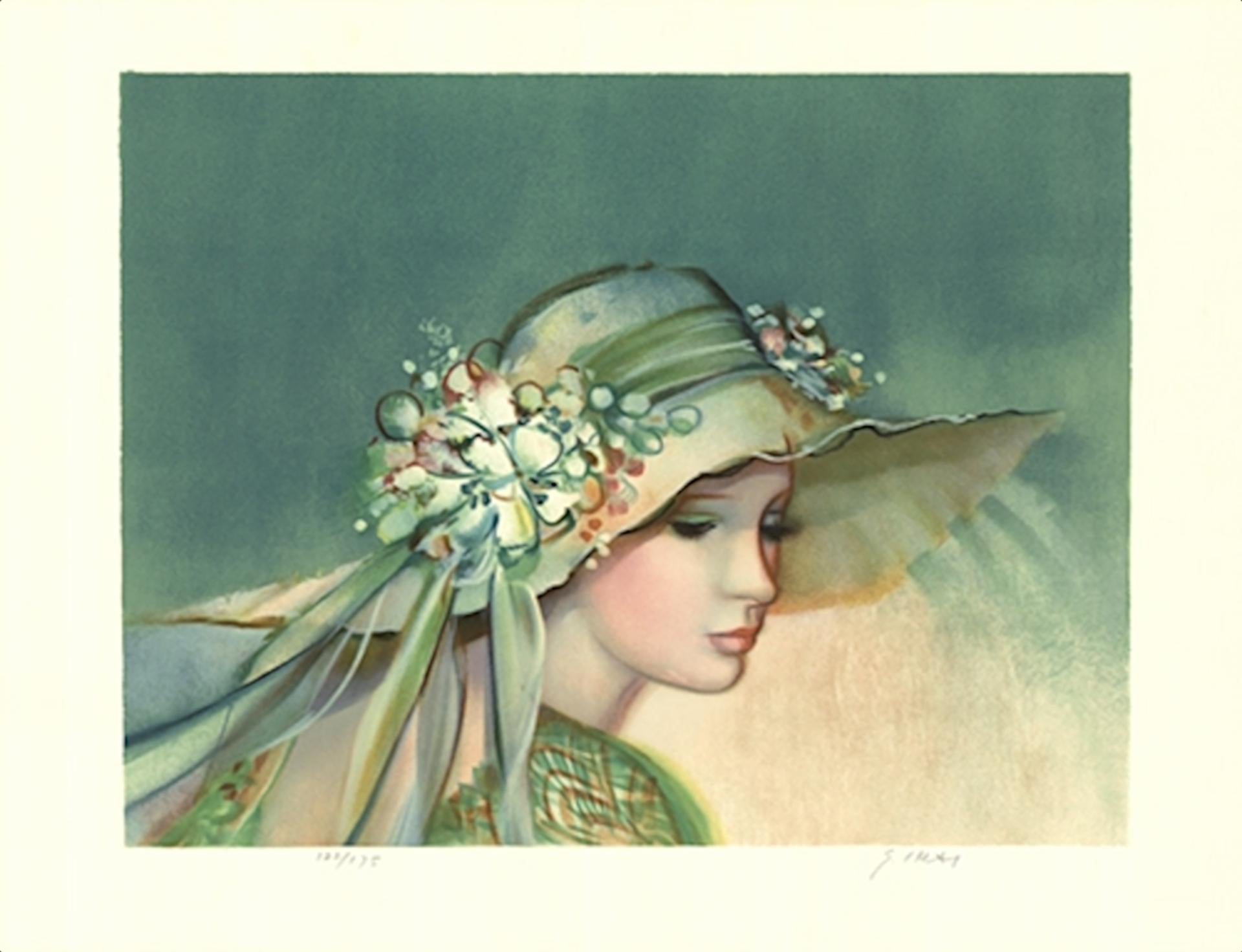 G. Junai - "Woman with hat" - colour lithograph