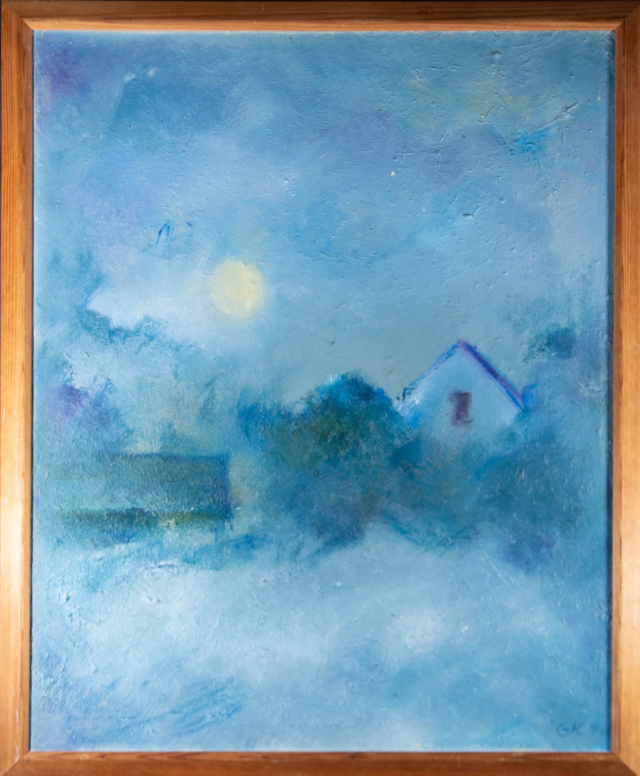 Thick oils subtly depict a house in the still moonlight on a quiet winters night. The artwork is signed and dated in the bottom right-hand corner and well presented in a waxed wood frame. On canvas on stretchers.
