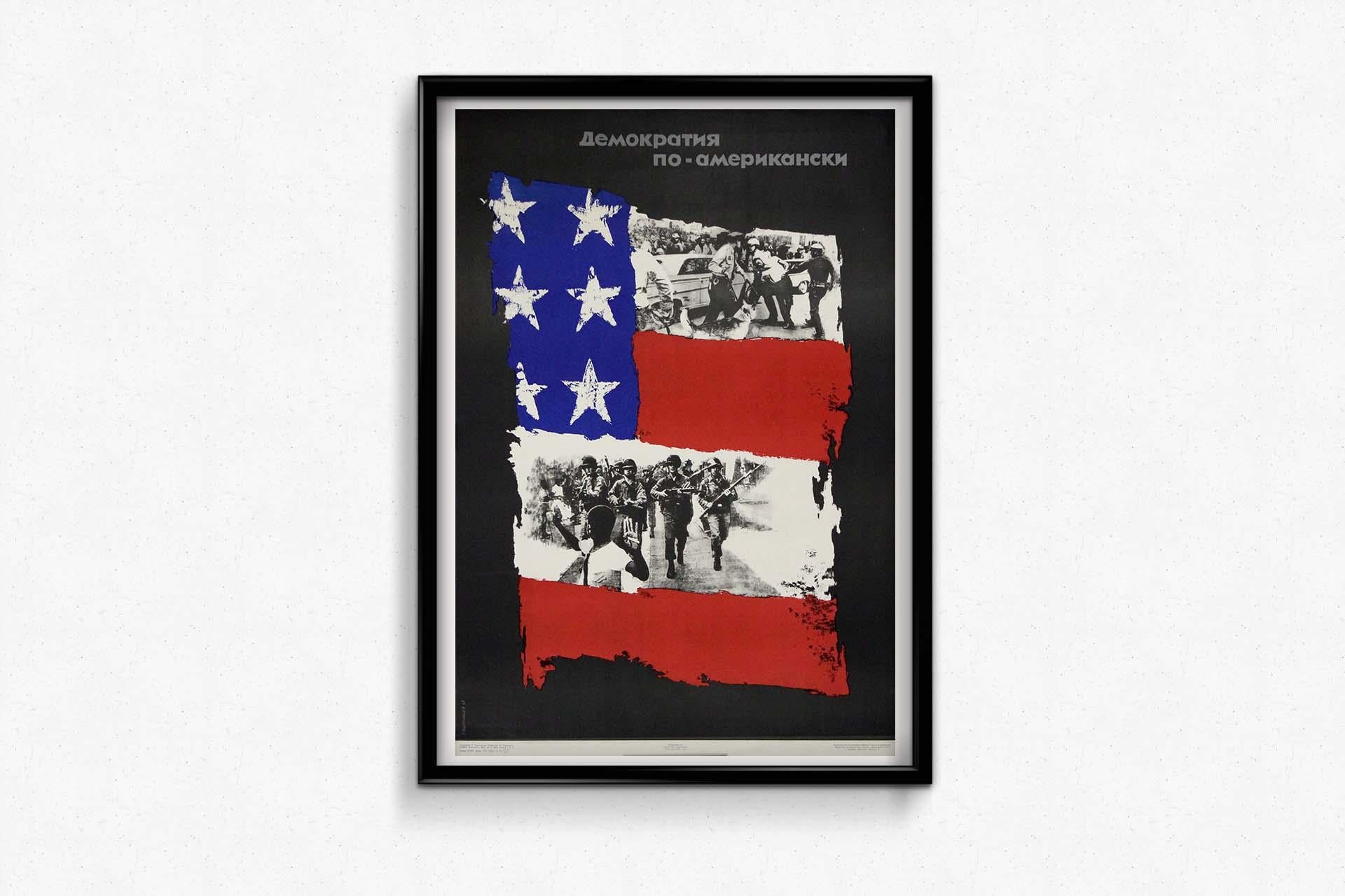 1967 original Soviet poster by G. Komoltsev, titled American Democracy For Sale 1