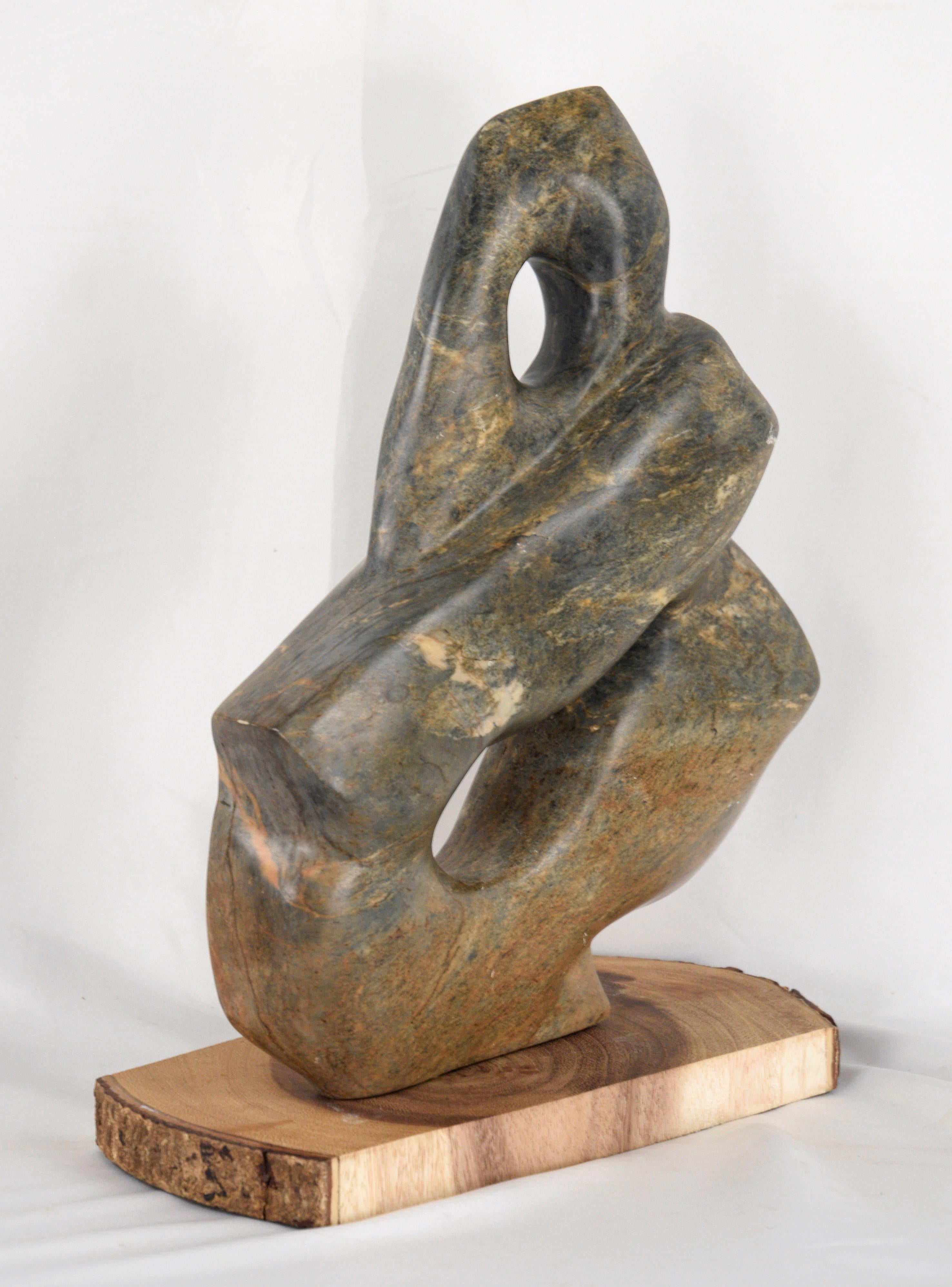 Sculpture abstraite organique de G. Krueger. La pierre Serpentine présente de magnifiques teintes vertes, jaunes et orange, sculptées dans une forme fluide dans le style des sculptures Herman Miller. 

Le socle en bois mesure 1 