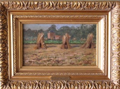 Vintage landscape oil painting of haystacks