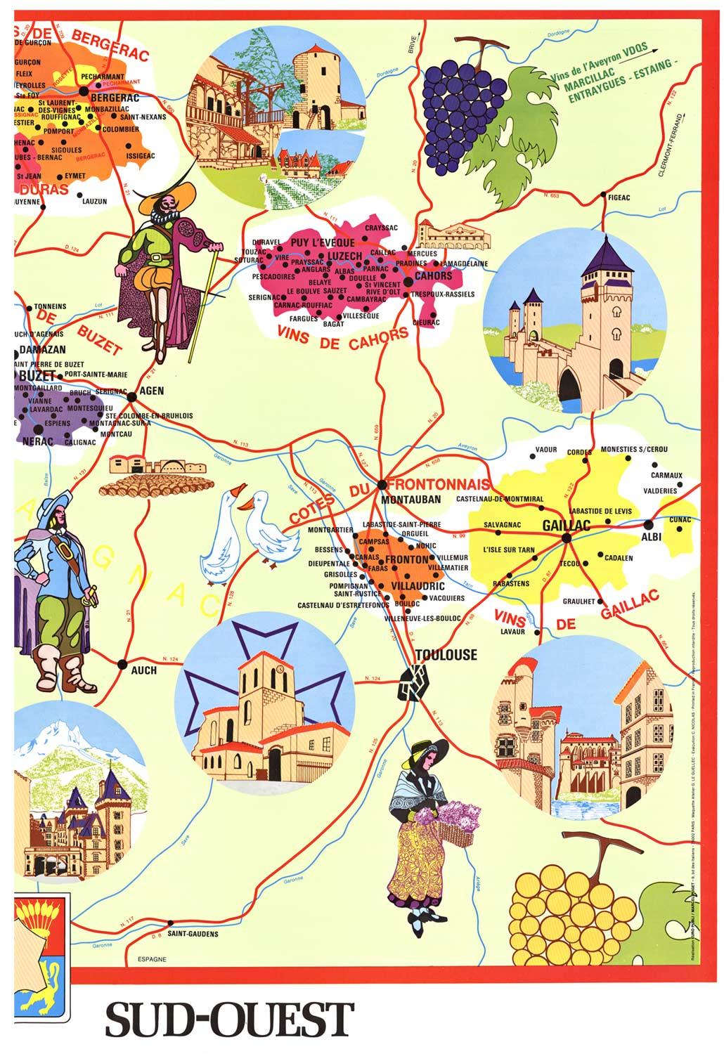 Original Vins du Sud-Ouest vintage French wine map poster - Print by G. Le Guellec