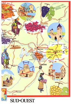Original Vins du Sud-Ouest vintage French wine map poster