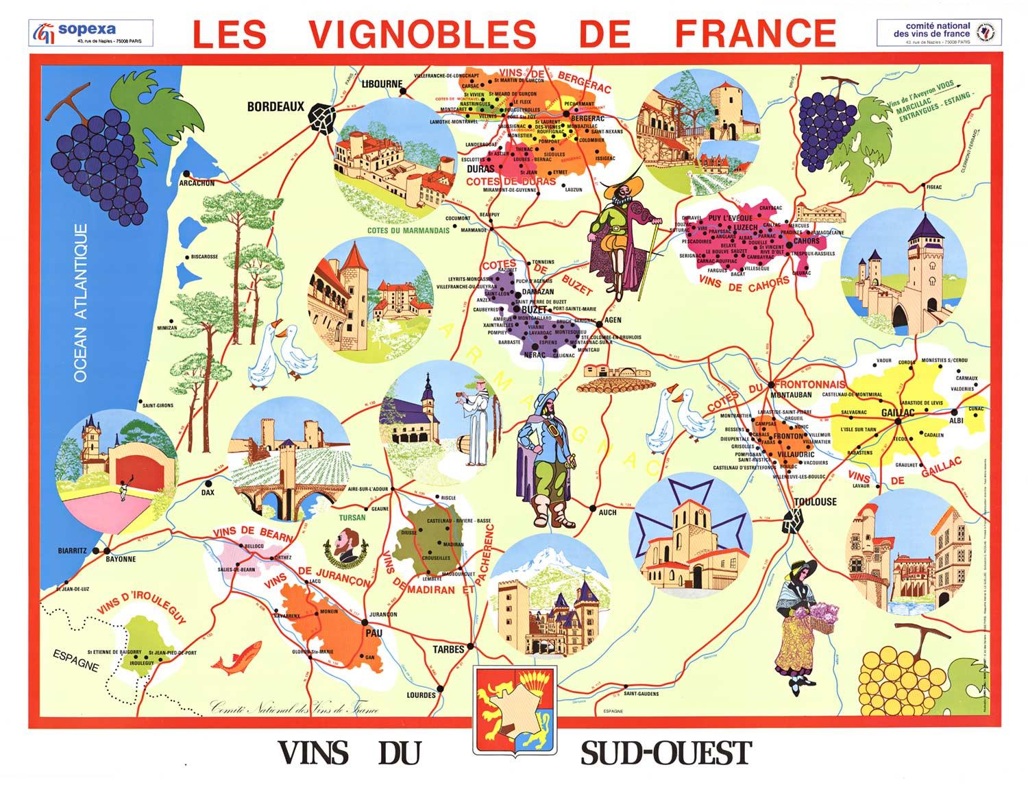 Original Vins du Sud-Ouest vintage French wine map poster