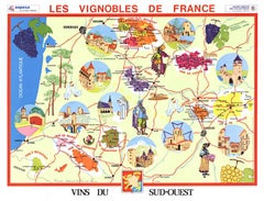 Original Vins du Sud-Ouest vintage French wine map poster