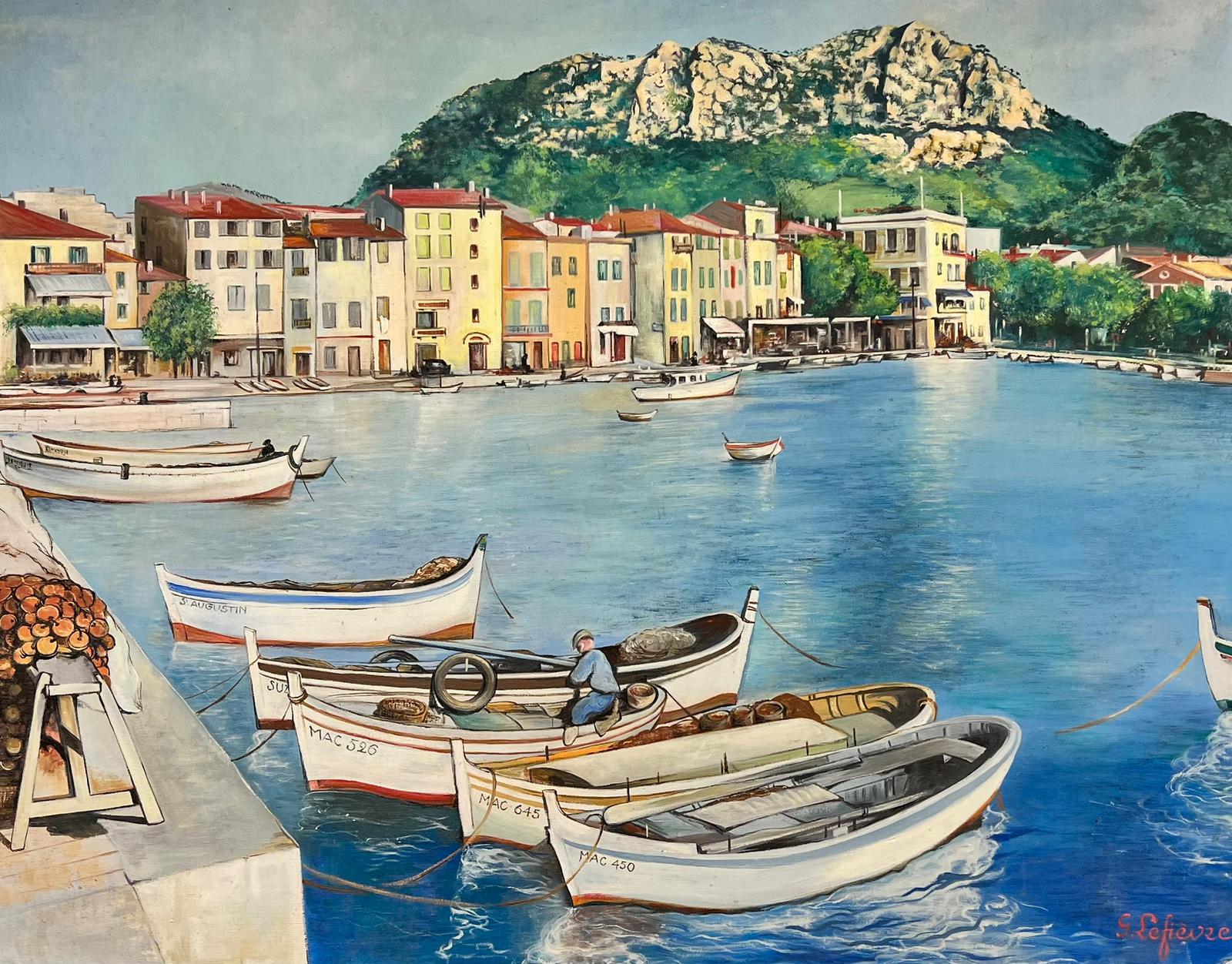 Huge 20th Century French Signed Oil Fishing Boats in South of France Harbour - Painting by G. Lefevre