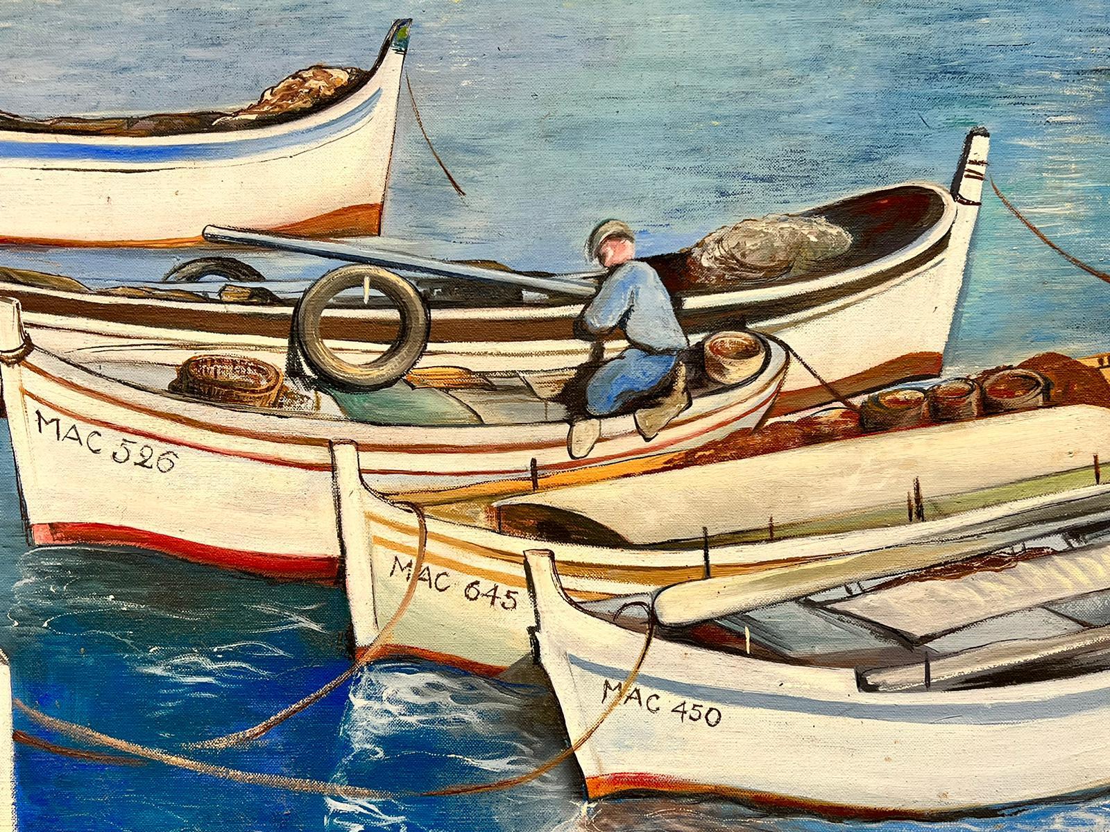 Très grands bateaux de pêche à l'huile signés du 20ème siècle dans un port du sud de la France en vente 1