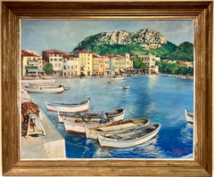 Huge 20th Century French Signed Oil Fishing Boats in South of France Harbour