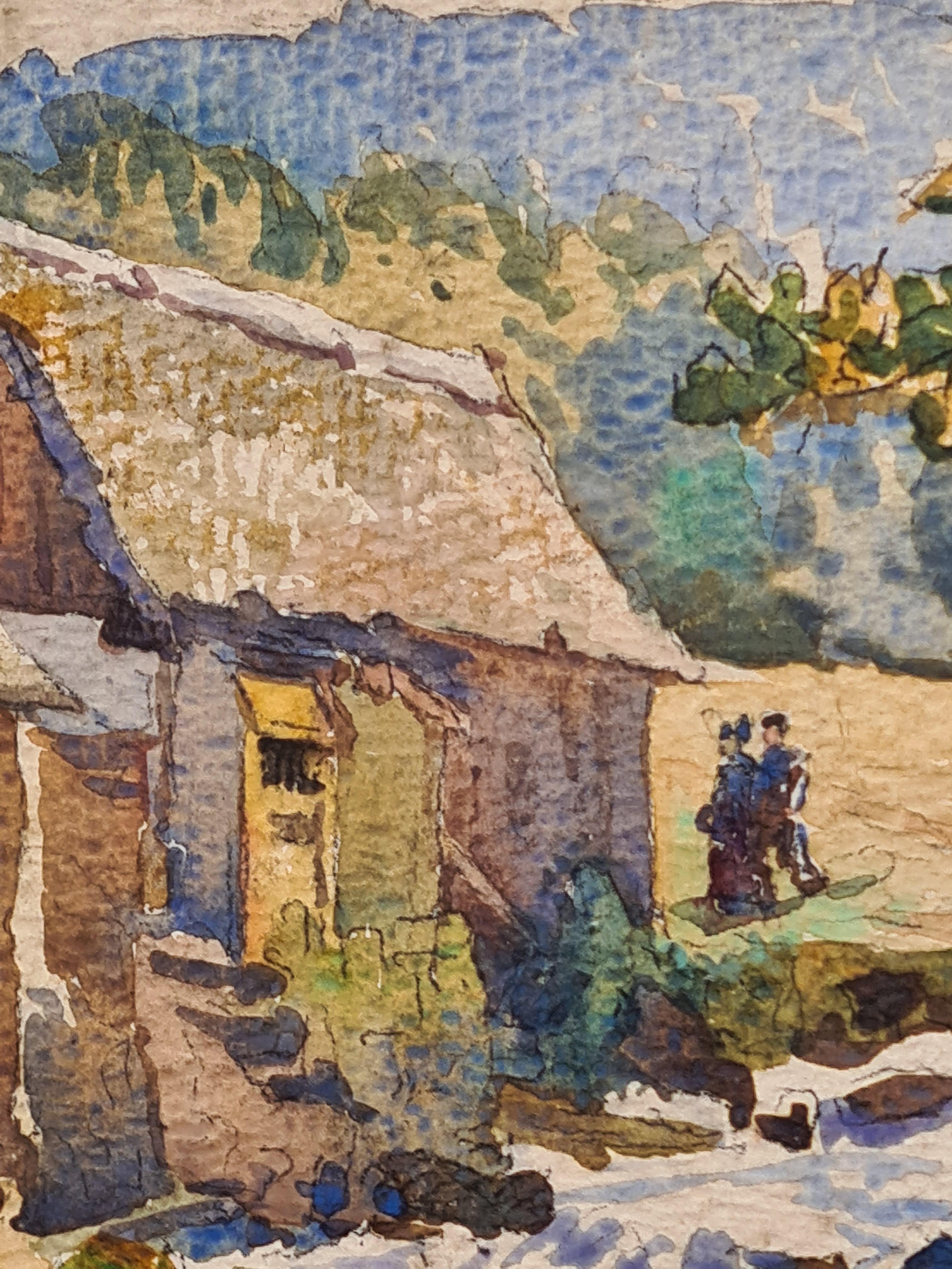 French Country Landscape, Watercolour, The Farm - Romantic Painting by G Lemy