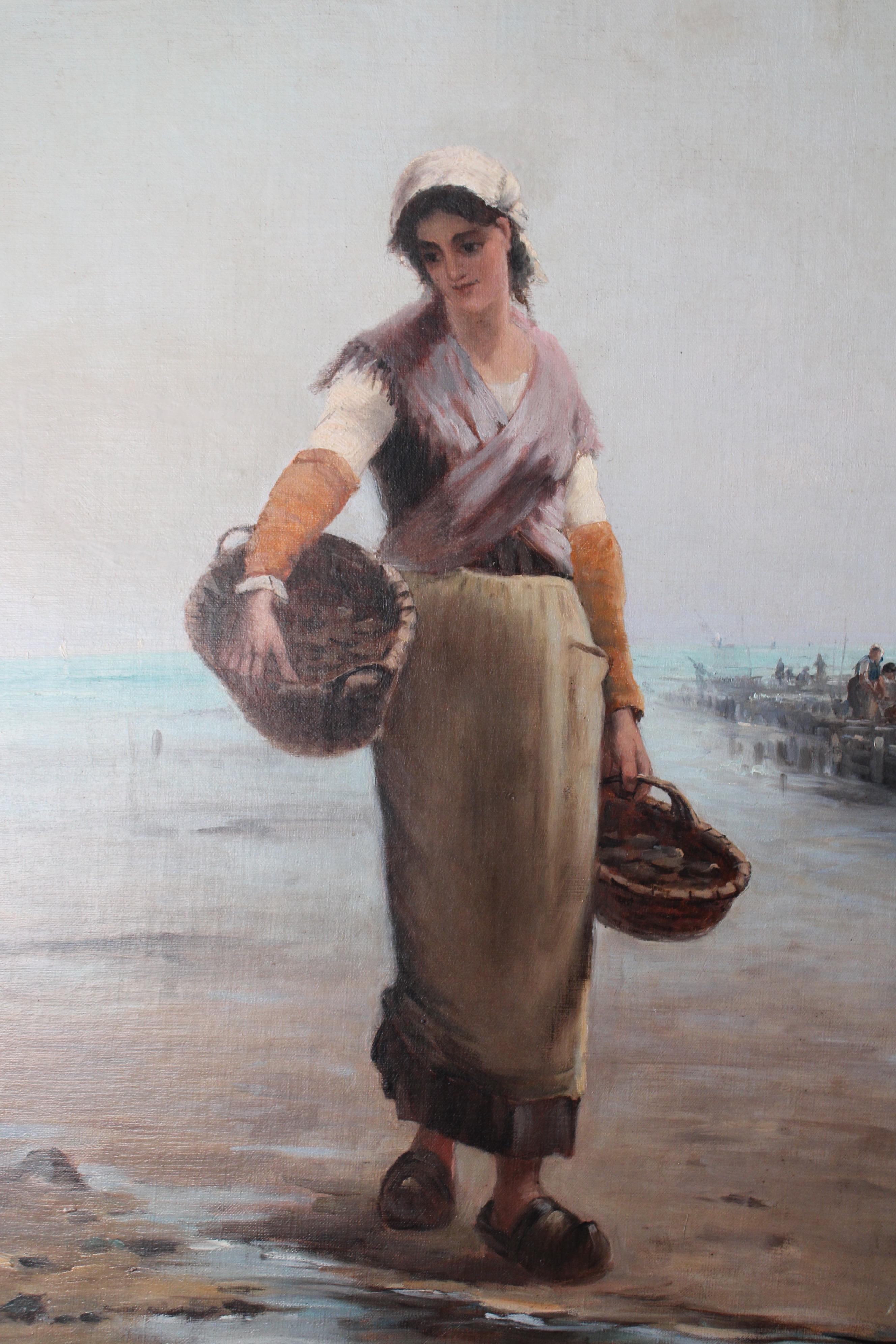 Portrait de femme ancienne, cadre côtier, école française, pêcheuse - Painting de G Leroux