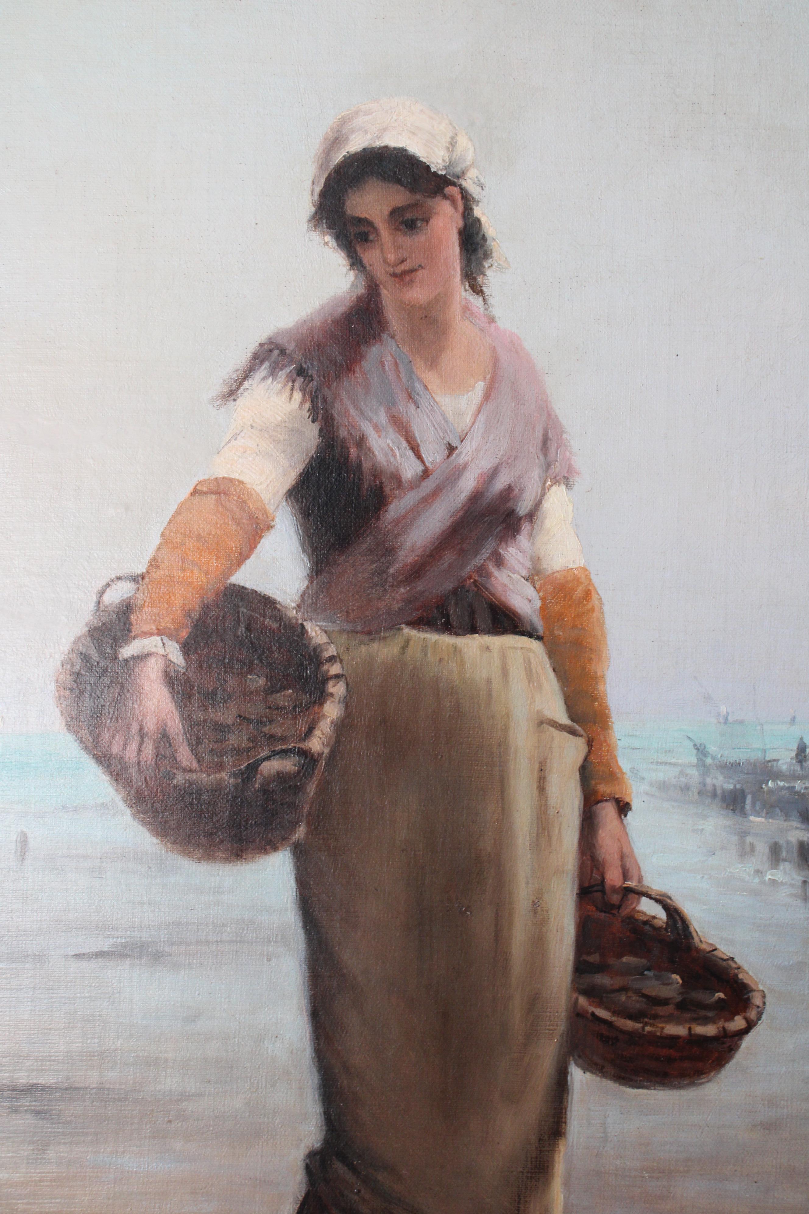 Portrait de femme ancienne, cadre côtier, école française, pêcheuse - École française Painting par G Leroux