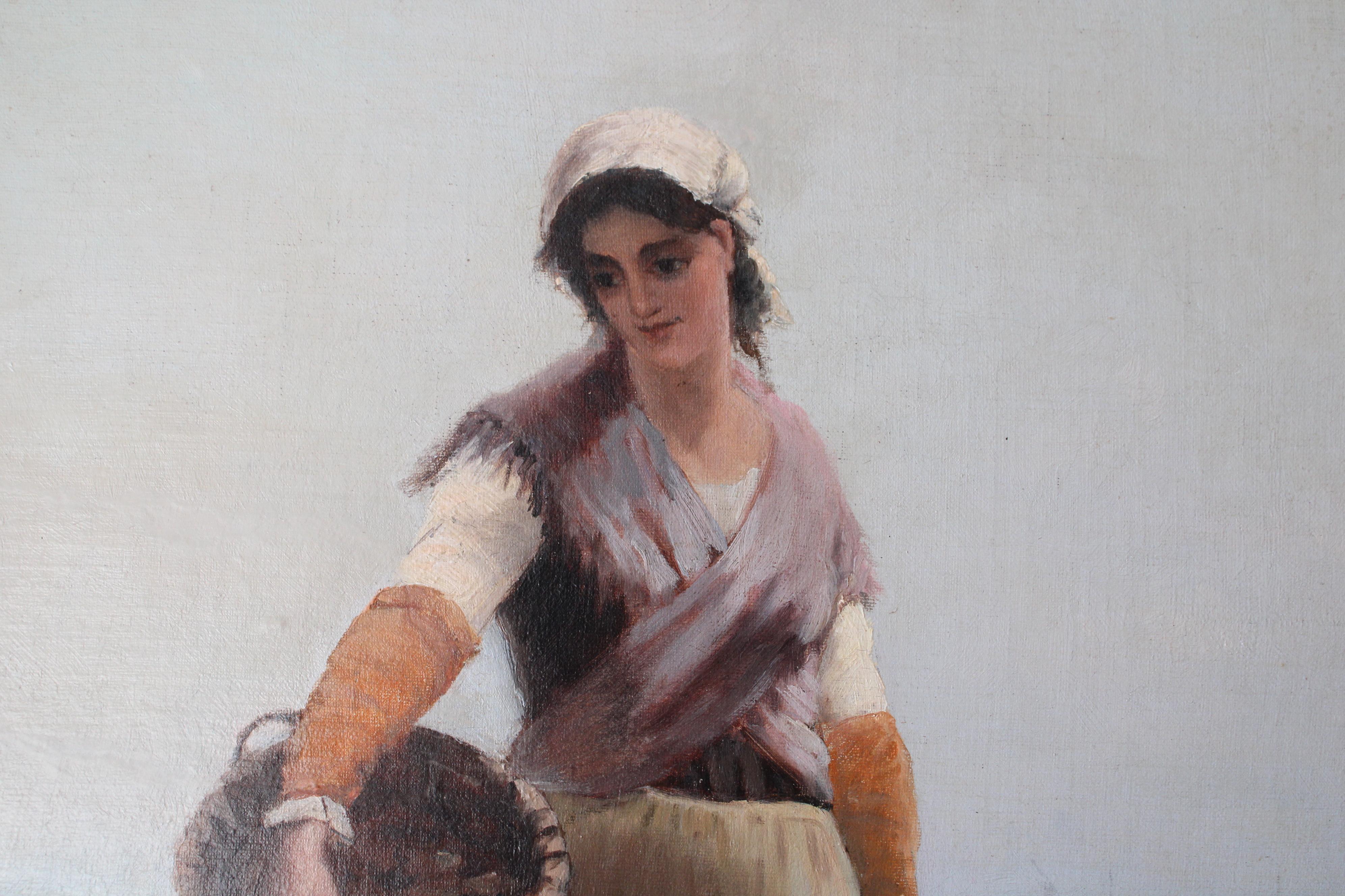 Portrait de femme ancienne, cadre côtier, école française, pêcheuse - Gris Figurative Painting par G Leroux